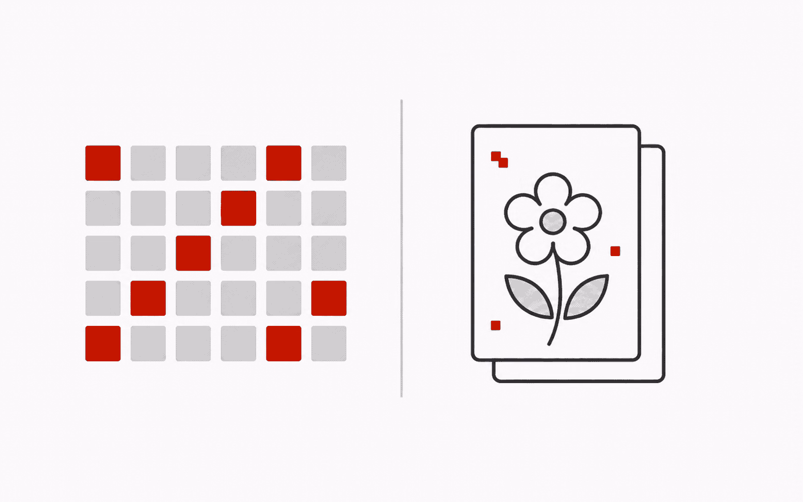 Pixel blocks beside a simple flower in offset image panels with displaced red marks
