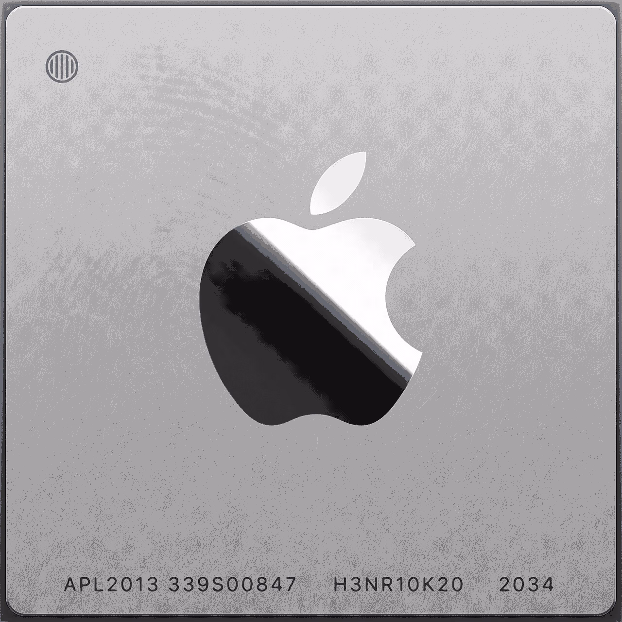 Square Apple silicon processor package with a reflective Apple logo