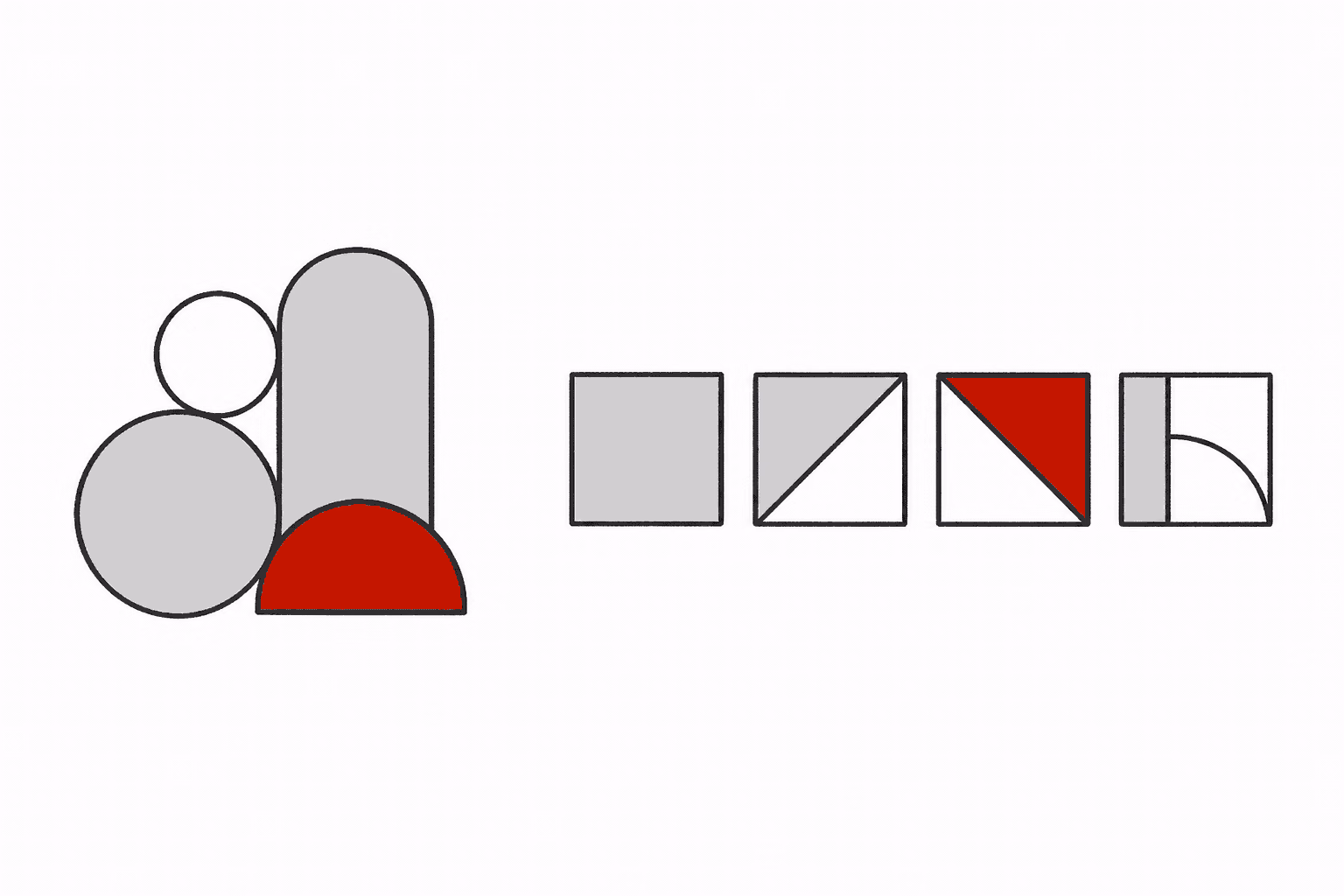 A rounded cluster of objects beside a sequence of geometric data tiles