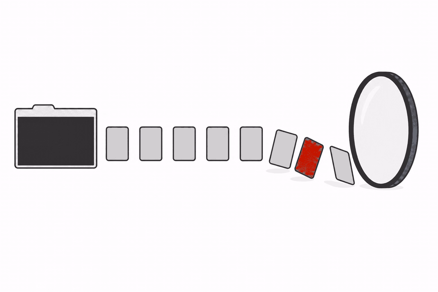 An outlined terminal window offering a row of small cards to a large upright lens, with the nearest cards tipped away and one card red.