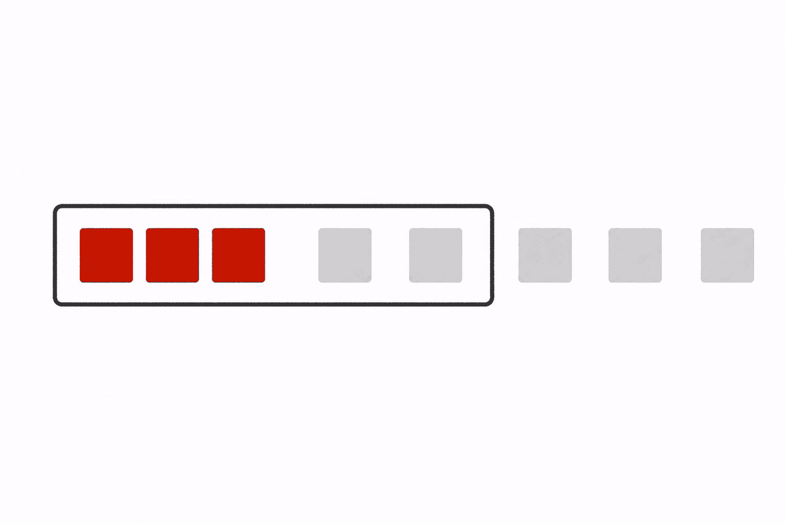 A cache tray holding red tiles while a separate row of pale tiles extends beyond it.