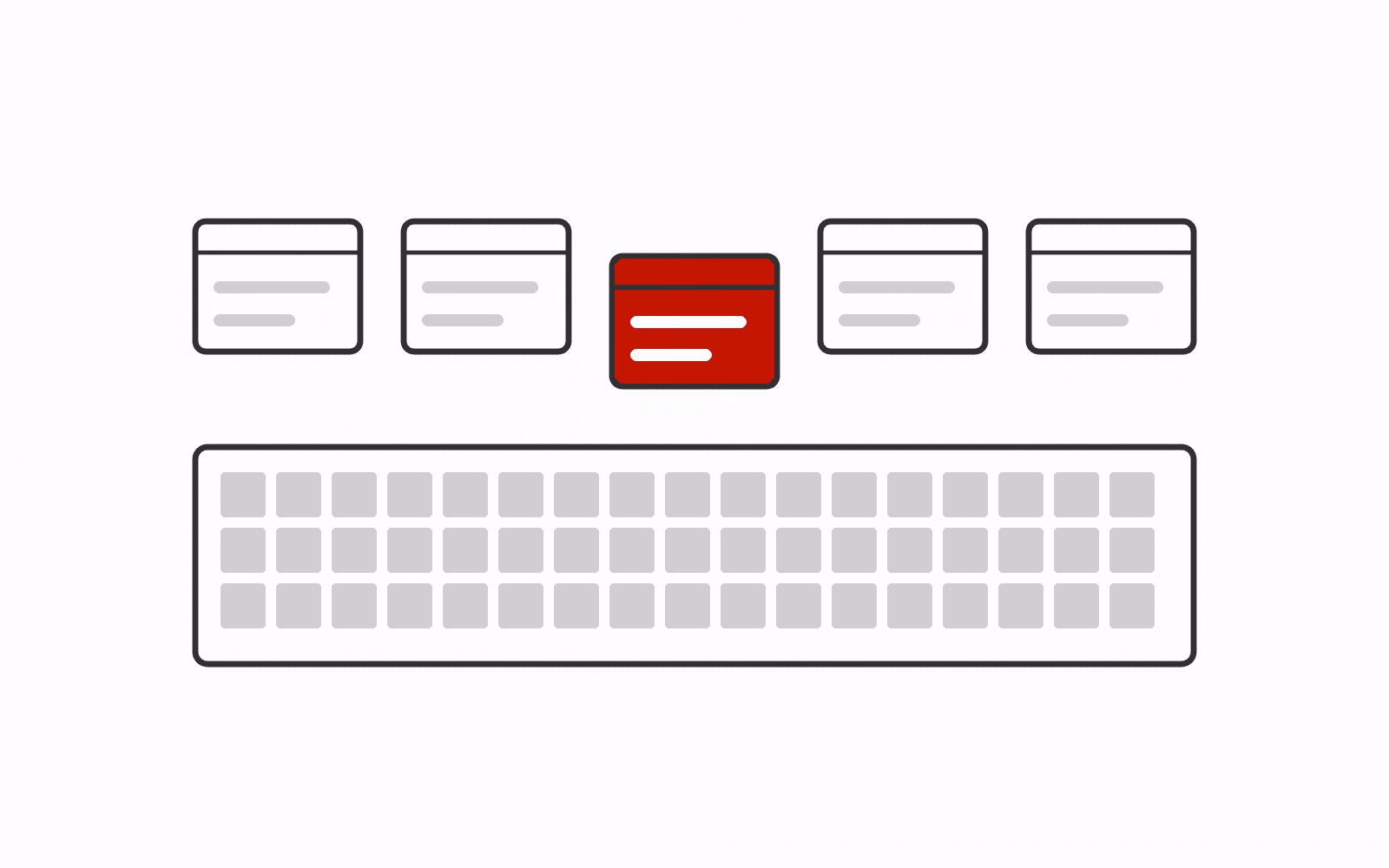 A row of outlined app windows above a container packed full of small gray blocks, with the middle window filled red and sitting lower than the rest.