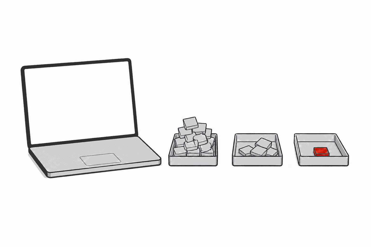 A blank laptop beside three resource trays with different tile occupancy.