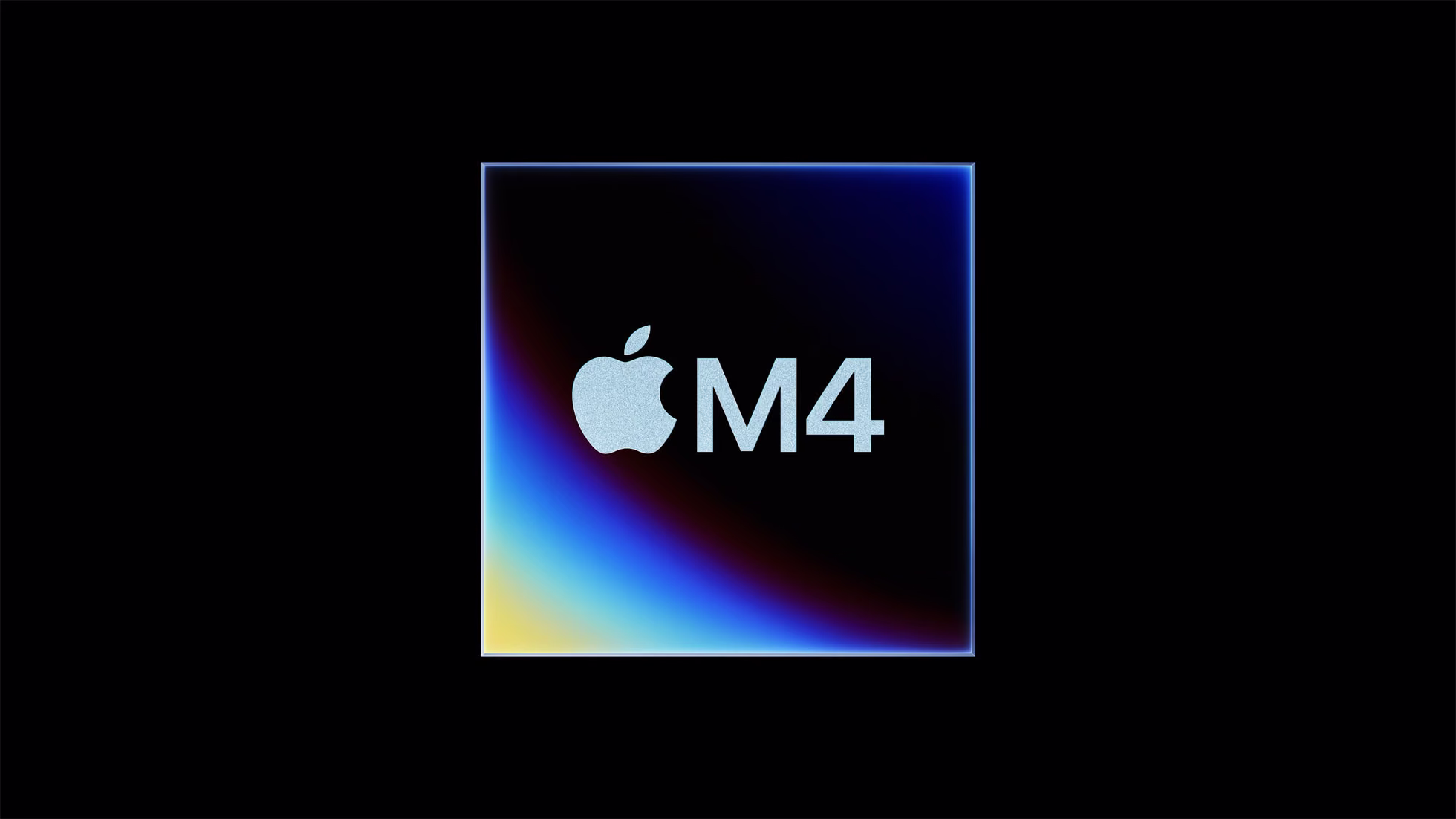 Apple M4 chip badge glowing in blue, red, and yellow against a black background.