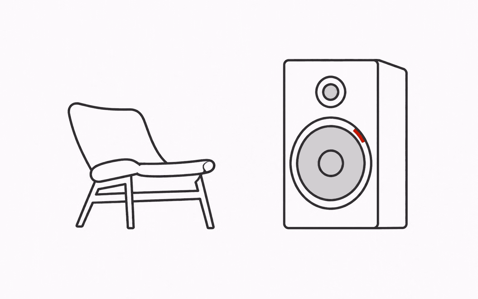 Minimal outlines of a speaker cabinet and listening chair with a red woofer accent