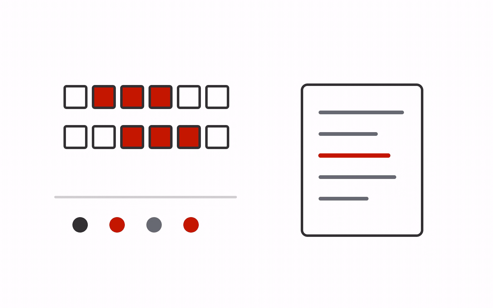 Overlapping groups of three blocks and separate term dots beside a document