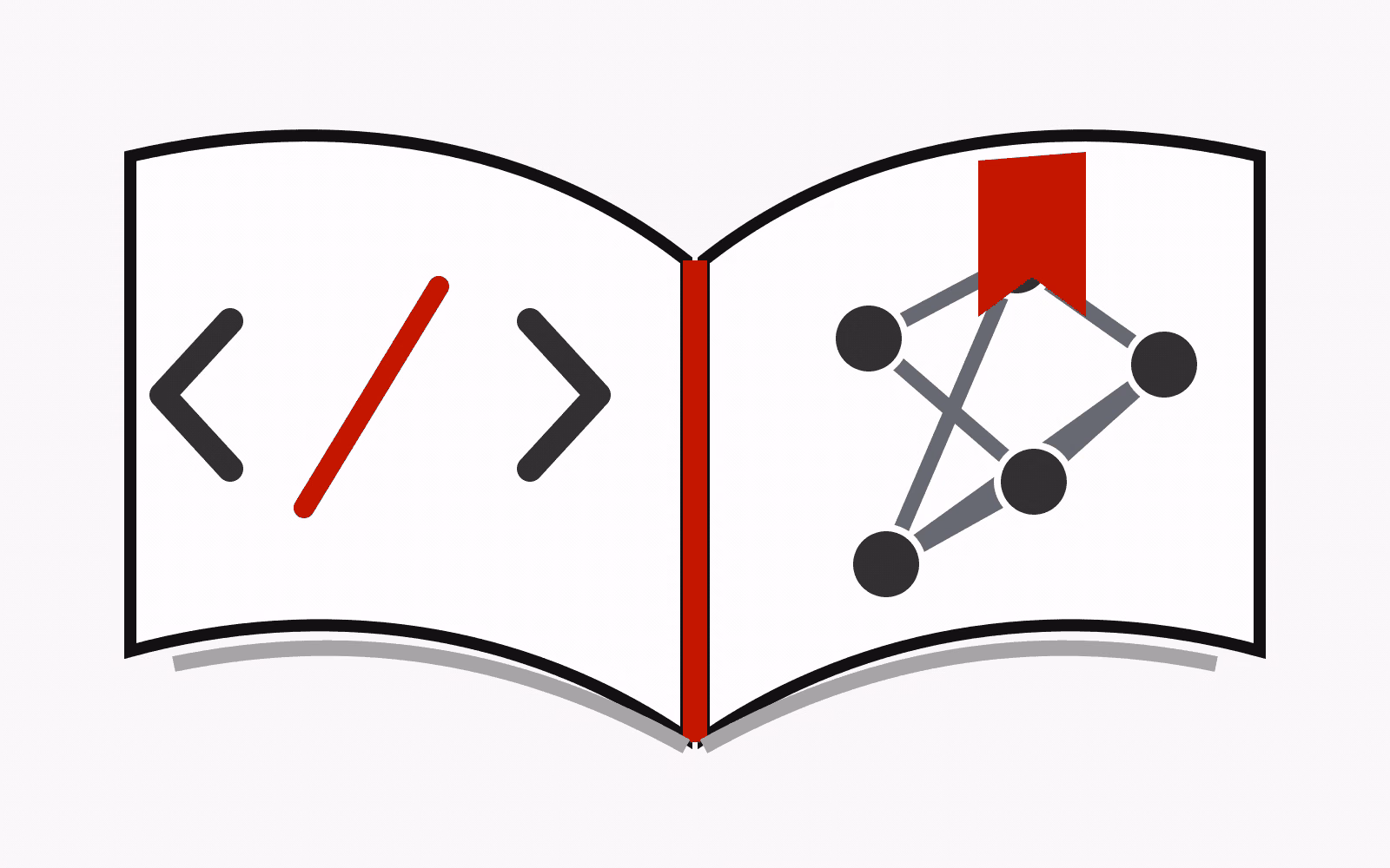 Open book with code marks on one page and a connected concept graph on the other