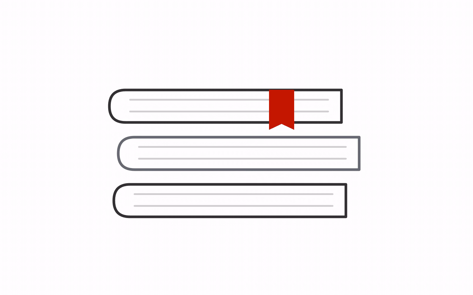 Three simply drawn books with a red ribbon marking a place in the top volume