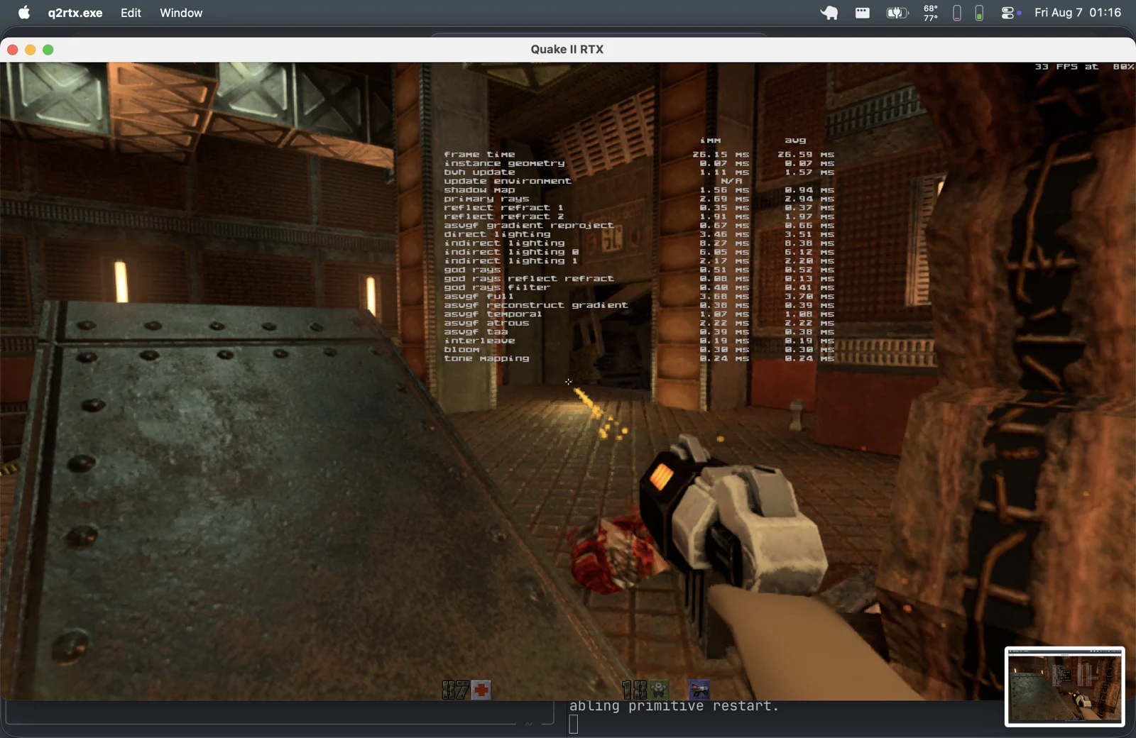 Quake II RTX rendering an in-game industrial scene in a window on the Apple M4 test machine.
