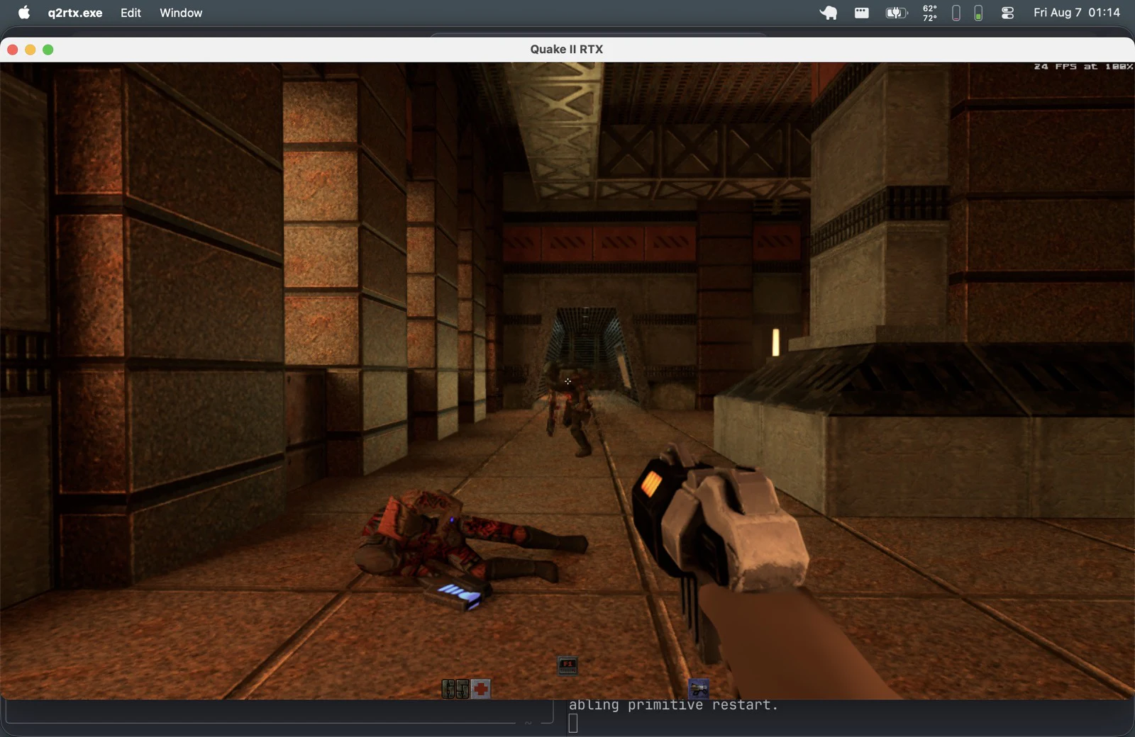 A second Quake II RTX gameplay scene rendered during the experimental Apple M4 CrossOver test.