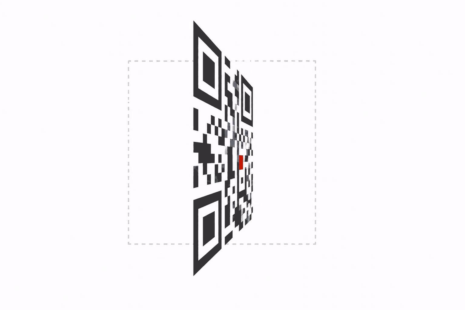An illustrative QR-like pattern seen almost edge-on, with a faint square outline behind it and a small red accent.