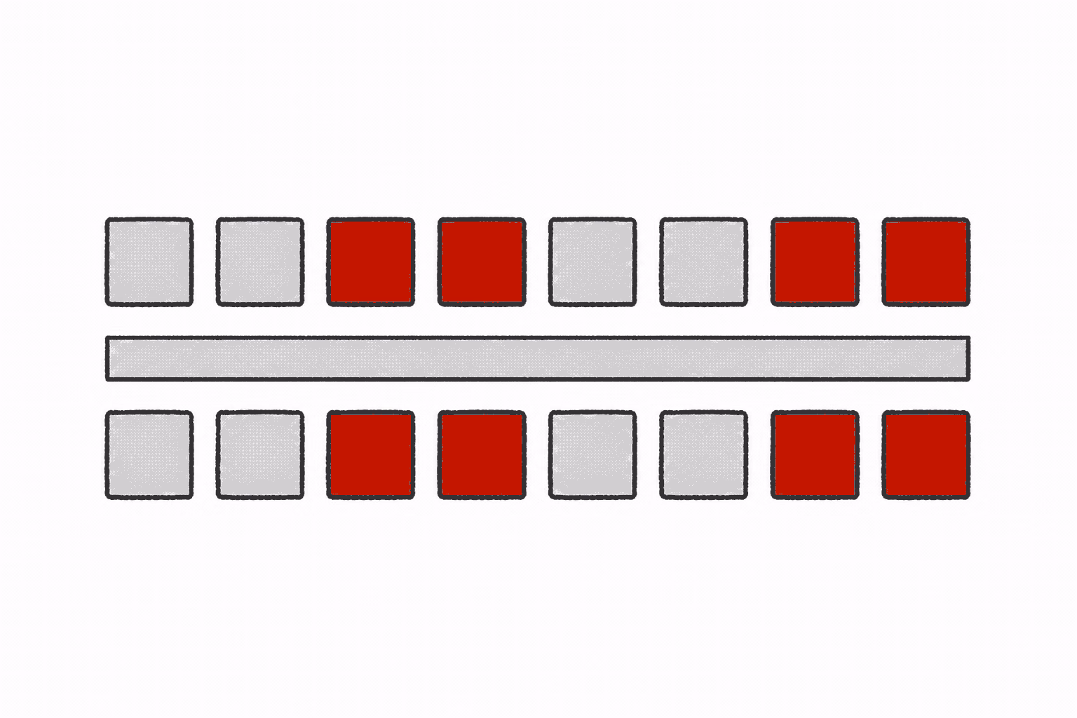 Aligned rows of byte-like tiles with matching highlighted positions.