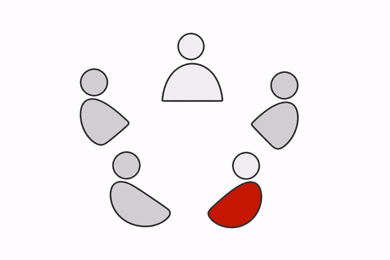 Five simplified figures arranged around an open center, with one figure accented in red
