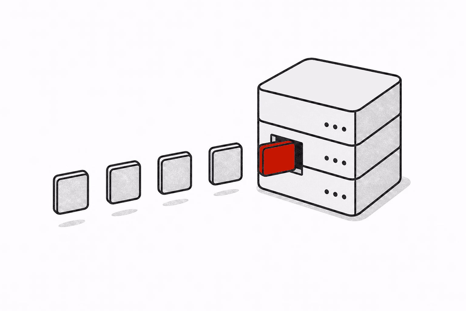 Request tiles approaching a single narrow opening in a compact storage block