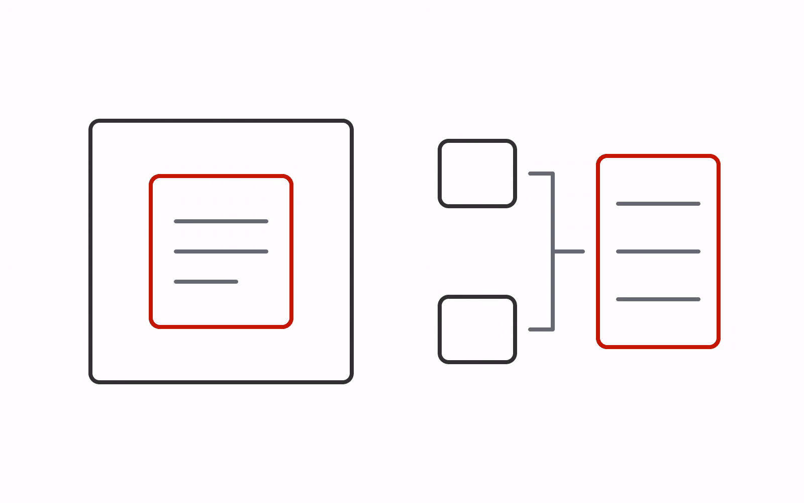 An embedded database inside one application boundary beside clients using a separate server