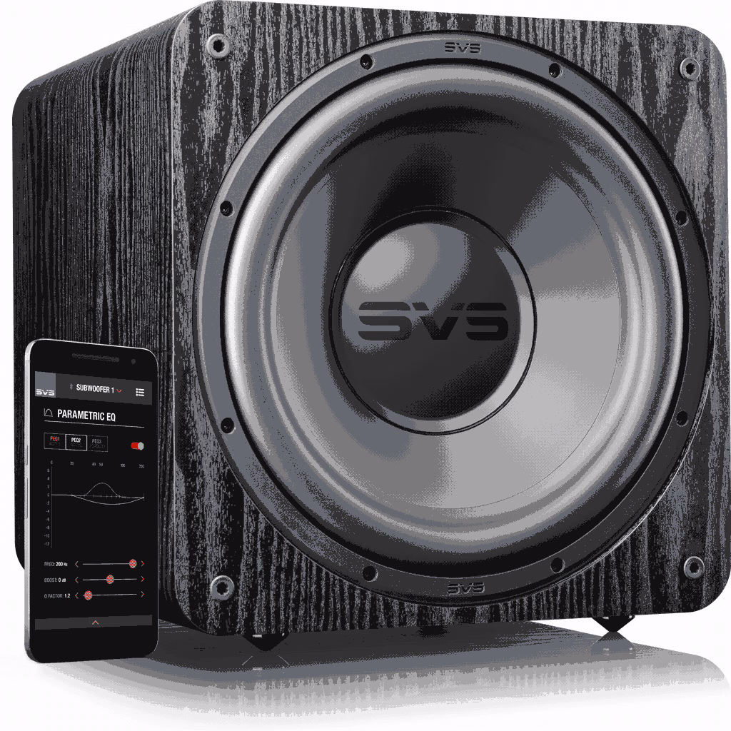 Subwoofer SVS SB-1000 Pro văzut frontal, alături de interfața aplicației de control