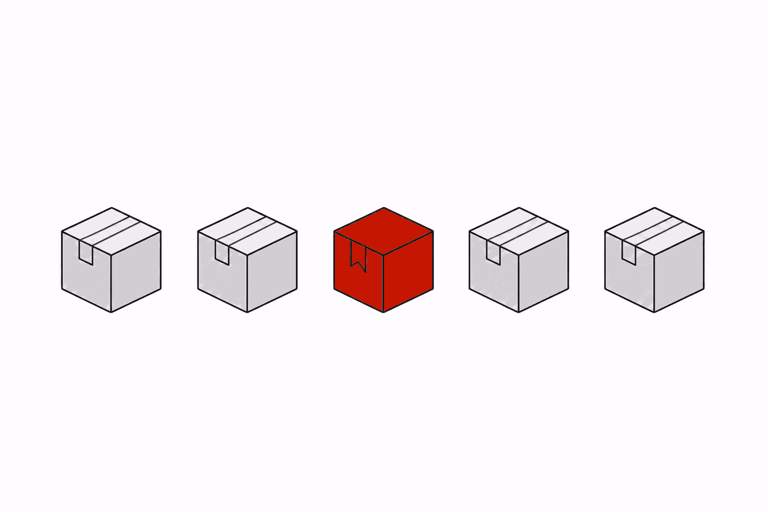 Five package-like cubes in a sequence with one altered red component