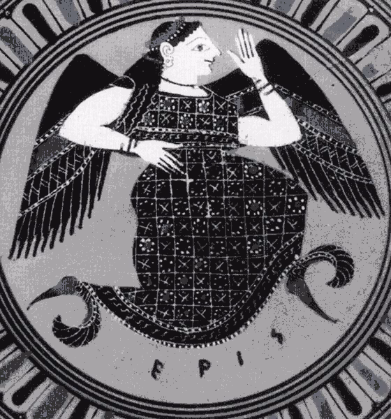 Eris, winged goddess of discord, painted on an ancient Greek vase