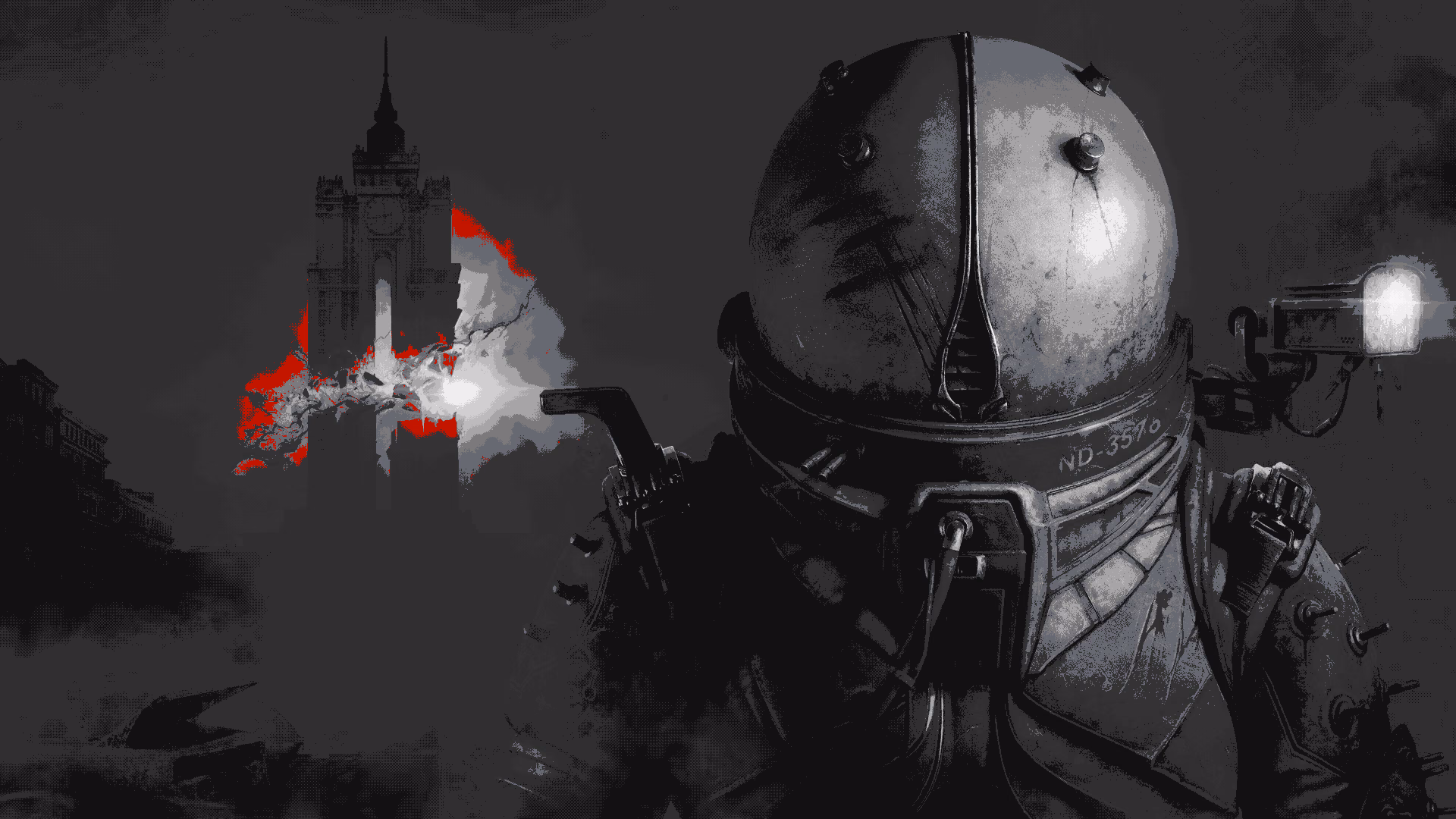 Armored Traveler standing in the ruined retro-futurist world of Cronos The New Dawn