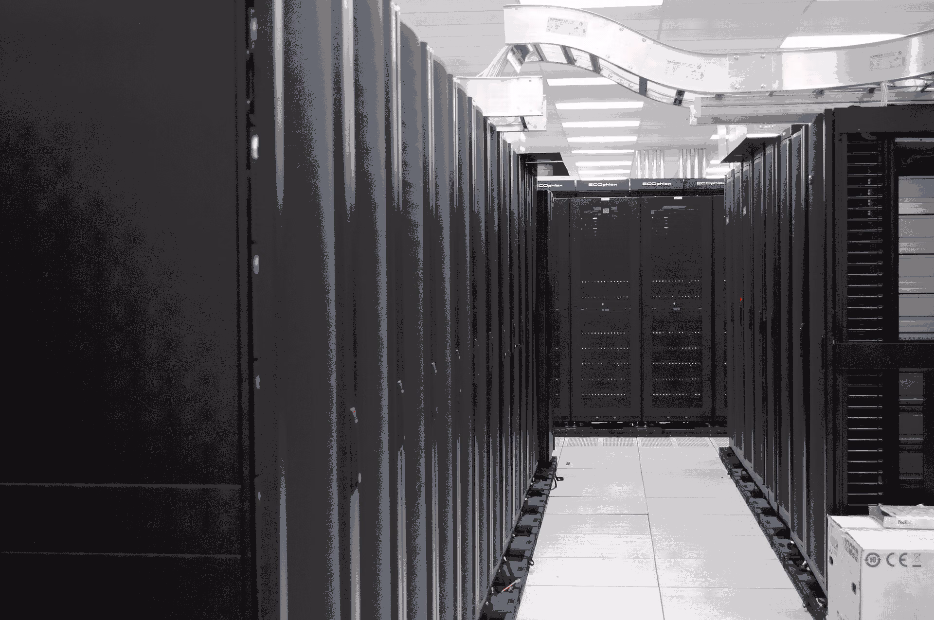 Fronts of densely packed server racks